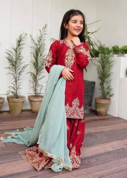 Readymade Red Sharara Set for Mother Daughter Family Twinning Combo at Wholesale Rate Mom-Doughter Collection