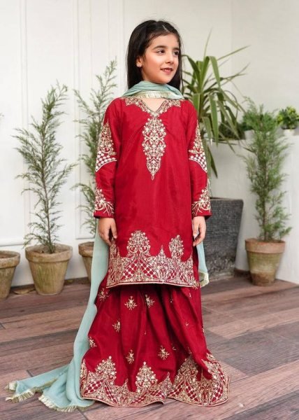 Readymade Red Sharara Set for Mother Daughter Family Twinning Combo at Wholesale Rate Mom-Doughter Collection