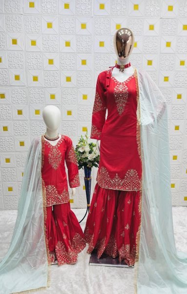 Readymade Red Sharara Set for Mother Daughter Family Twinning Combo at Wholesale Rate Mom-Doughter Collection