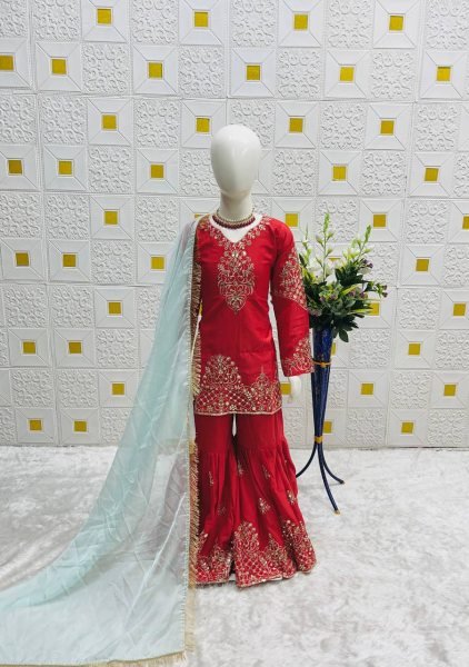 Readymade Red Sharara Set for Mother Daughter Family Twinning Combo at Wholesale Rate Mom-Doughter Collection