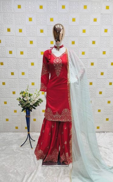 Readymade Red Sharara Set for Mother Daughter Family Twinning Combo at Wholesale Rate Mom-Doughter Collection