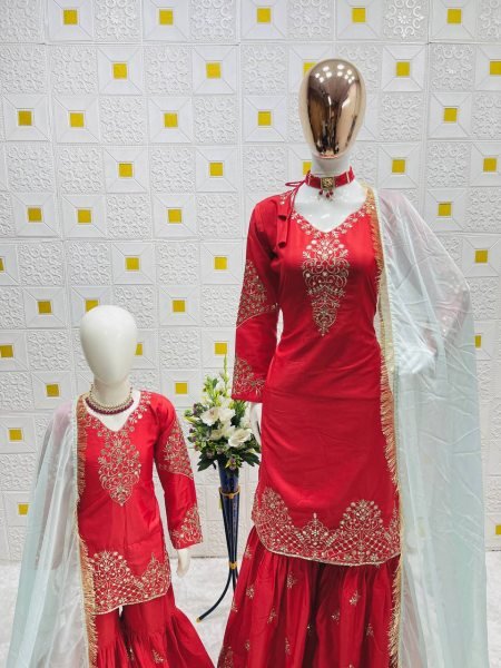 Readymade Red Sharara Set for Mother Daughter Family Twinning Combo at Wholesale Rate Mom-Doughter Collection
