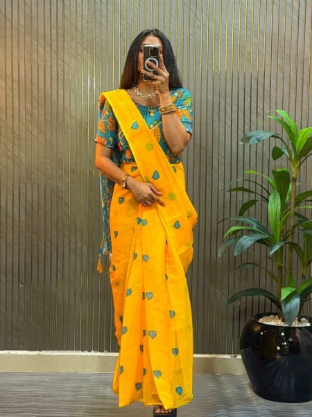 Readymade Yellow Linen Silk Saree Style Gown for Ladies Ethnic Fashion Collection 