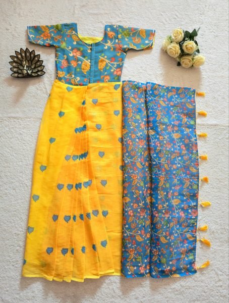 Readymade Yellow Linen Silk Saree Style Gown for Ladies Ethnic Fashion Collection Ready To Wear Saree 