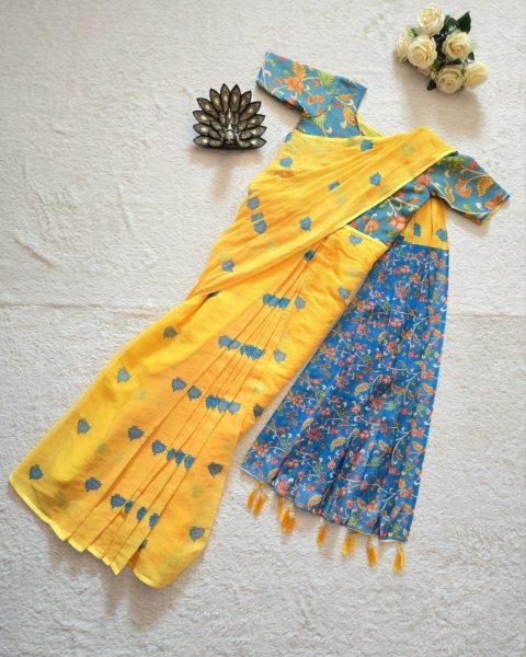 Readymade Yellow Linen Silk Saree Style Gown for Ladies Ethnic Fashion Collection Ready To Wear Saree 