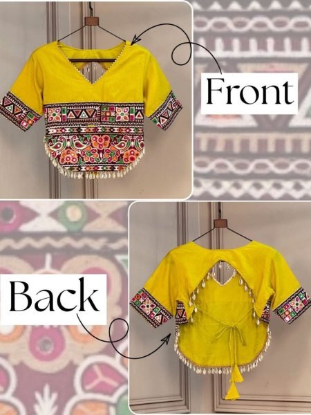 Readymade Yellow Roman Blouse with Kutchi Gamthi Handwork Sarees 