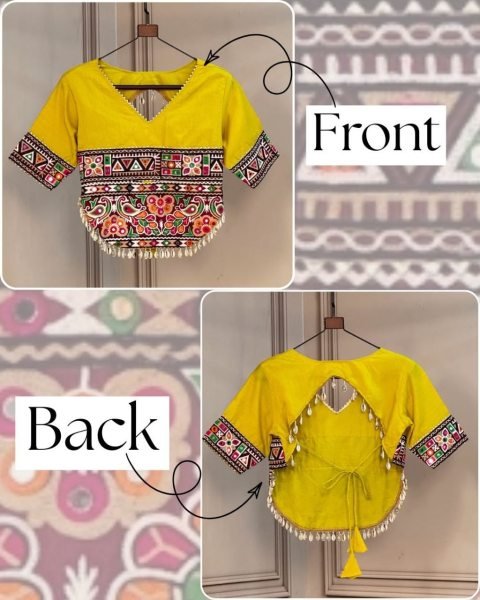 Readymade Yellow Roman Blouse with Kutchi Gamthi Handwork Blouse Collection