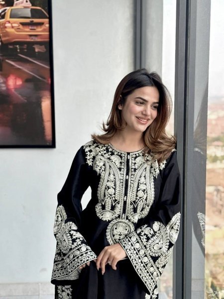 real Black Chinon Silk Thread Work Suit for Festive and Casual Wear Ready To Wear Collection