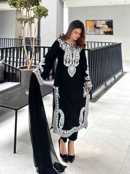 real Black Chinon Silk Thread Work Suit for Festive and Casual Wear Ready To Wear Collection