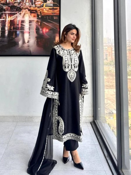 real Black Chinon Silk Thread Work Suit for Festive and Casual Wear Ready To Wear Collection