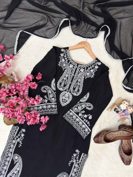 real Black Chinon Silk Thread Work Suit for Festive and Casual Wear Ready To Wear Collection
