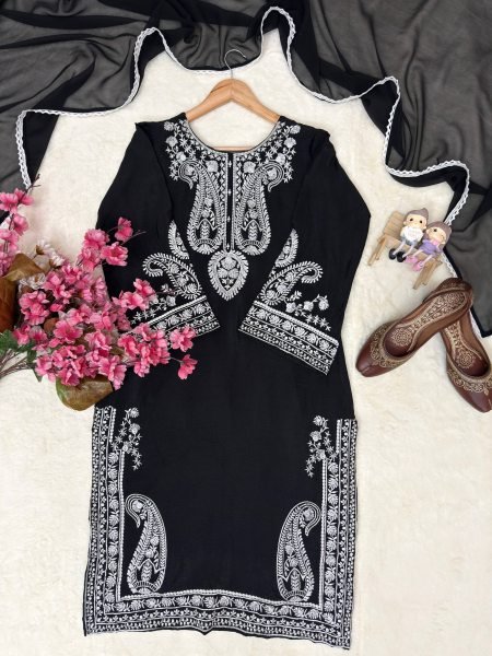 real Black Chinon Silk Thread Work Suit for Festive and Casual Wear Ready To Wear Collection