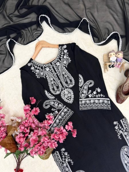 real Black Chinon Silk Thread Work Suit for Festive and Casual Wear Ready To Wear Collection