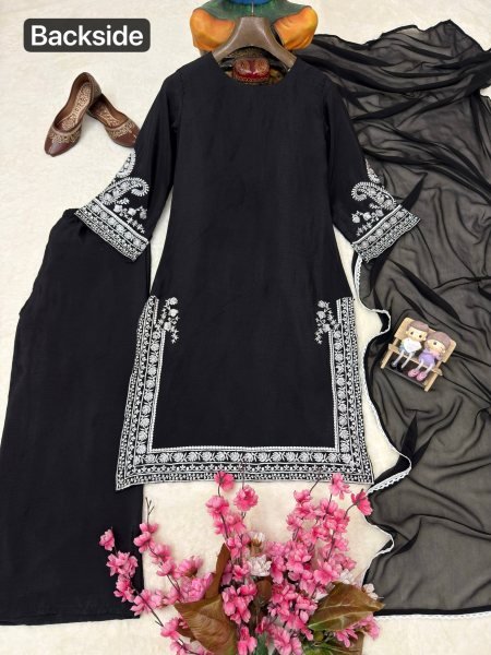 real Black Chinon Silk Thread Work Suit for Festive and Casual Wear Ready To Wear Collection