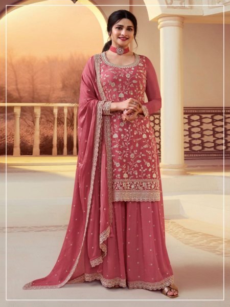 Real Dusty Rose Chinon Silk Embroidered Suit with Sequence Work Dupatta 