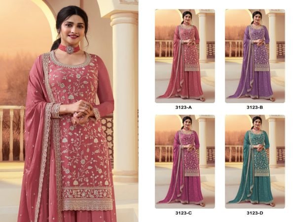 Real Dusty Rose Chinon Silk Embroidered Suit with Sequence Work Dupatta Designer Plazzo Salwar Suits Wholesale