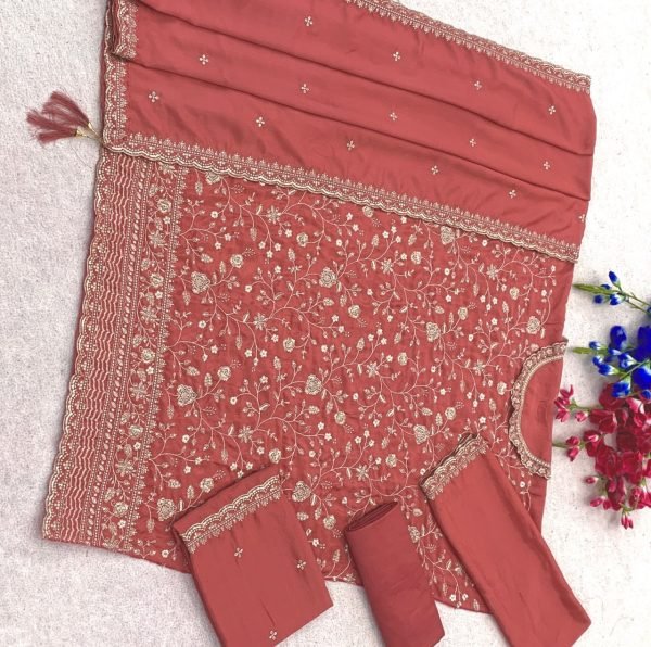 Real Dusty Rose Chinon Silk Embroidered Suit with Sequence Work Dupatta Designer Plazzo Salwar Suits Wholesale