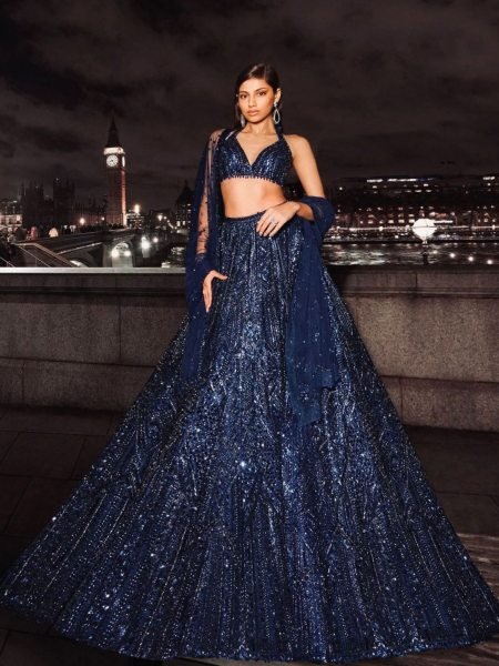 Reception Wear Navy Blue Designer Net Lehenga with Heavy Work at Low Price  Lehenga