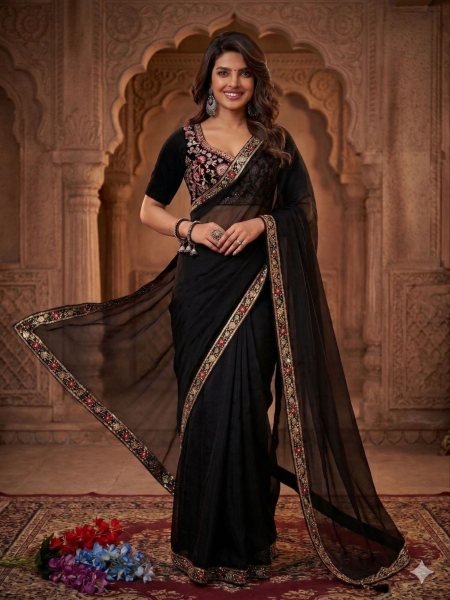 Recyclable Black Burberry Silk Saree with Premium Handcrafted Beads Detailing Sarees 