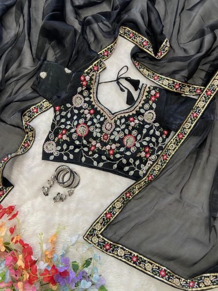 Recyclable Black Burberry Silk Saree with Premium Handcrafted Beads Detailing Designer Wedding Sarees Wholesale