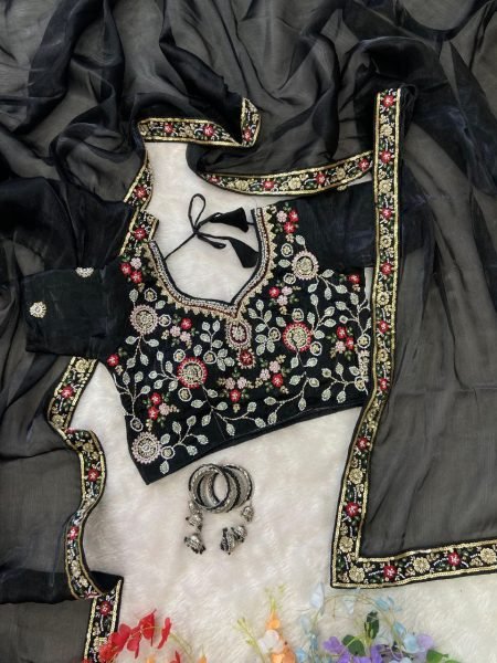 Recyclable Black Burberry Silk Saree with Premium Handcrafted Beads Detailing Designer Wedding Sarees Wholesale