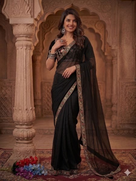 Recyclable Black Burberry Silk Saree with Premium Handcrafted Beads Detailing Designer Wedding Sarees Wholesale