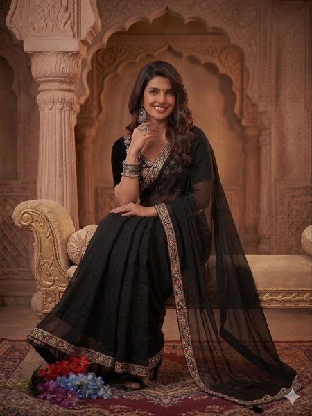 Recyclable Black Burberry Silk Saree with Premium Handcrafted Beads Detailing Designer Wedding Sarees Wholesale