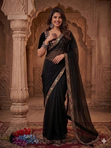 Recyclable Black Burberry Silk Saree with Premium Handcrafted Beads Detailing Designer Wedding Sarees Wholesale