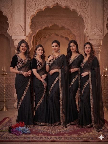 Recyclable Black Burberry Silk Saree with Premium Handcrafted Beads Detailing Designer Wedding Sarees Wholesale