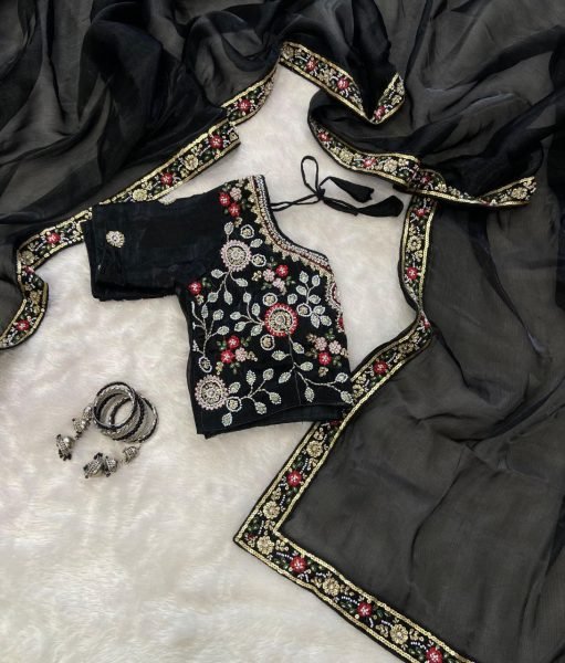 Recyclable Black Burberry Silk Saree with Premium Handcrafted Beads Detailing Designer Wedding Sarees Wholesale