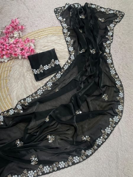 Recyclable Black Fandy Satin Saree with Sequin Brits C Pallu For wedding 