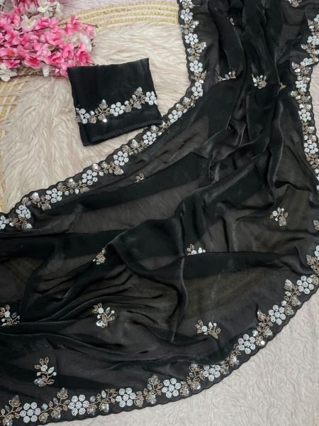 Recyclable Black Fandy Satin Saree with Sequin Brits C Pallu For wedding Designer Wedding Sarees Wholesale