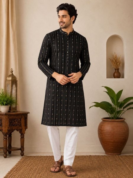 Recyclable Black Trendy Cotton Jacquard Kurta Collection for Modern Styling 