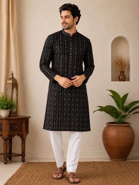Recyclable Black Trendy Cotton Jacquard Kurta Collection for Modern Styling Kurta Pajama Wholesale