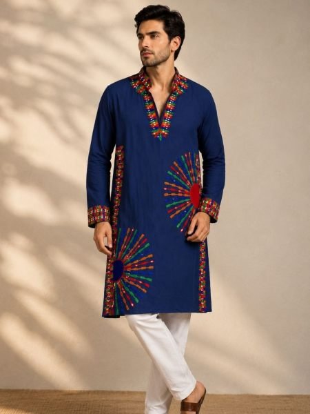 Recyclable Blue Designer V-Neck Men’s Kurta with Embroidery and Mirror Work For Navrati Mens Wear