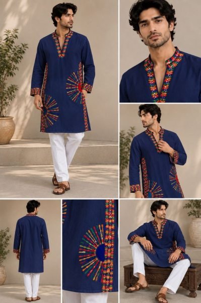 Recyclable Blue Designer V-Neck Men’s Kurta with Embroidery and Mirror Work For Navrati Kurta Pajama Wholesale