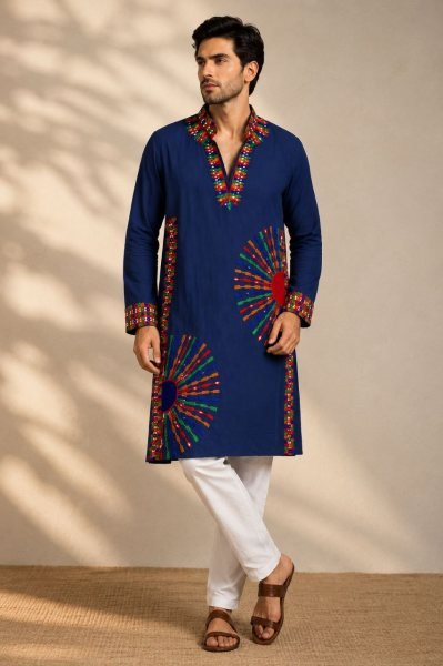 Recyclable Blue Designer V-Neck Men’s Kurta with Embroidery and Mirror Work For Navrati Kurta Pajama Wholesale