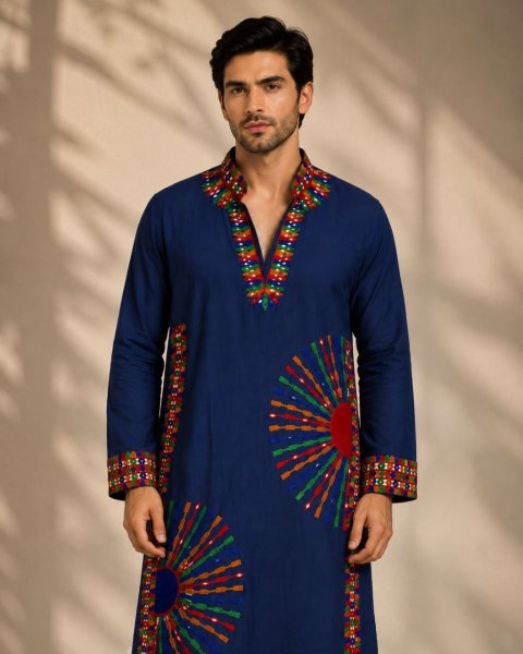 Recyclable Blue Designer V-Neck Men’s Kurta with Embroidery and Mirror Work For Navrati Kurta Pajama Wholesale