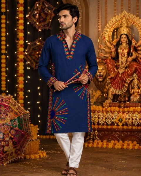 Recyclable Blue Designer V-Neck Men’s Kurta with Embroidery and Mirror Work For Navrati Kurta Pajama Wholesale