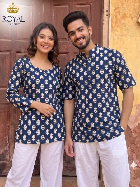 Recyclable Navy Blue Festive Wear Cotton Couple Combo Set for Men and Women