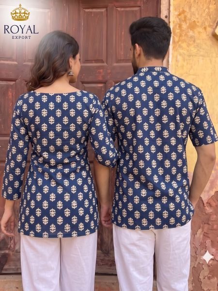Recyclable Navy Blue Festive Wear Cotton Couple Combo Set for Men and Women Couple Combo collection 