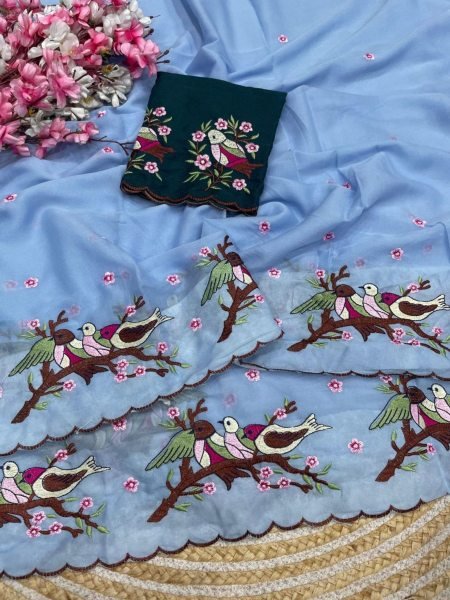Recyclable Blue Georgette Embroidered Saree with Matching Multi Work Blouse 