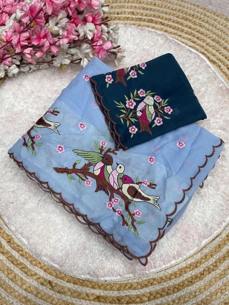 Recyclable Blue Georgette Embroidered Saree with Matching Multi Work Blouse Bollywood Fancy Sarees Wholesale