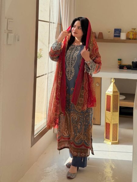 Recyclable Blue Silver Diamond Work Chinon Suit Set for Festive and Office Wear Printed Kurtis