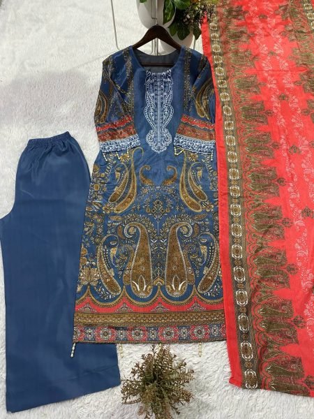 Recyclable Blue Silver Diamond Work Chinon Suit Set for Festive and Office Wear Printed Kurtis