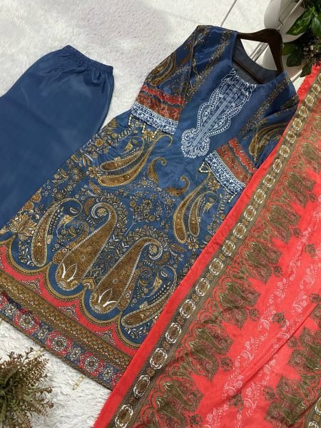 Recyclable Blue Silver Diamond Work Chinon Suit Set for Festive and Office Wear Printed Kurtis