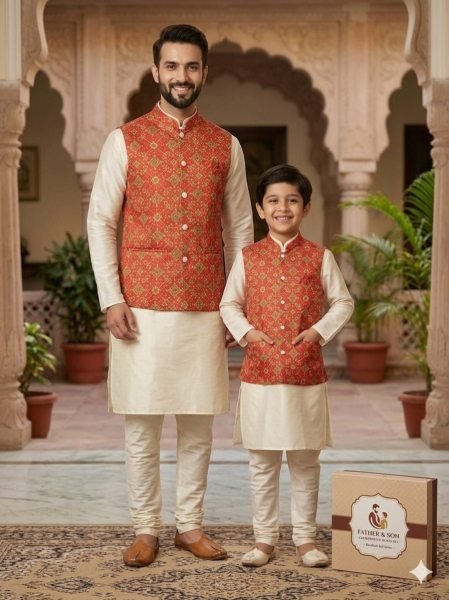 Recyclable Cream Red Malai Satin Kurta Koti Pyjama Set for Men and Kids Father Son Collection 