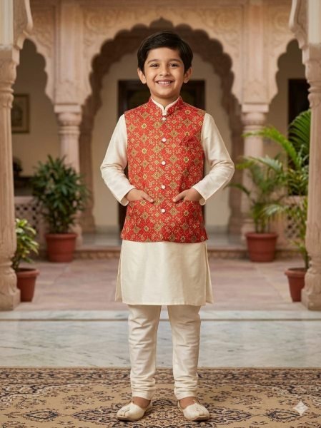 Recyclable Cream Red Malai Satin Kurta Koti Pyjama Set for Men and Kids Father Son Collection 