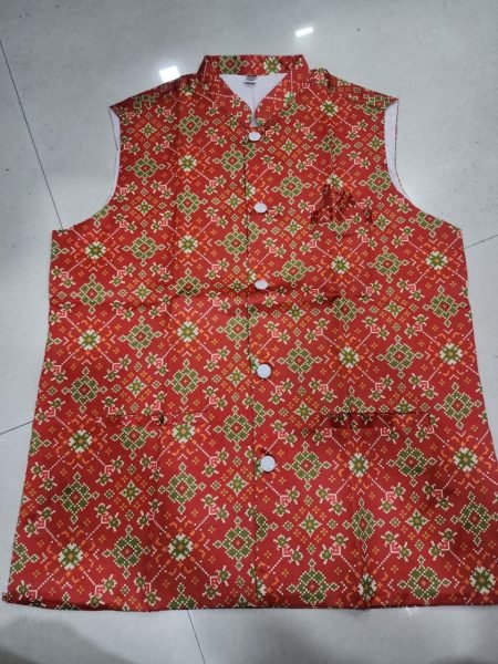Recyclable Cream Red Malai Satin Kurta Koti Pyjama Set for Men and Kids Father Son Collection 