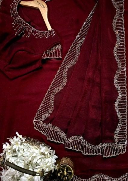 Recyclable Fendy Chiffon Saree with Diamond Work for Party And Wedding Wear Bollywood Fancy Sarees Wholesale
